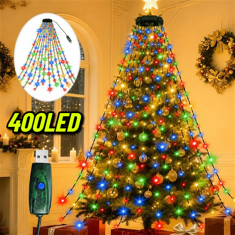 TEMU 1pc-400led/220led Indoor Christmas Tree Lights, 11 Strands/20 Strands 2m Fairy String Lights, Powered, 8 Lighting , Dark Lights, Suitable For