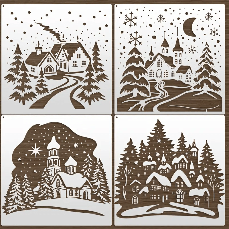 TEMU 4 Christmas Winter Tree Stencils, 11.81x11.81 Inches, Reusable, Ideal For Painting, Crafts, Home Decor, Birthday/christmas Gifts - Suitable For