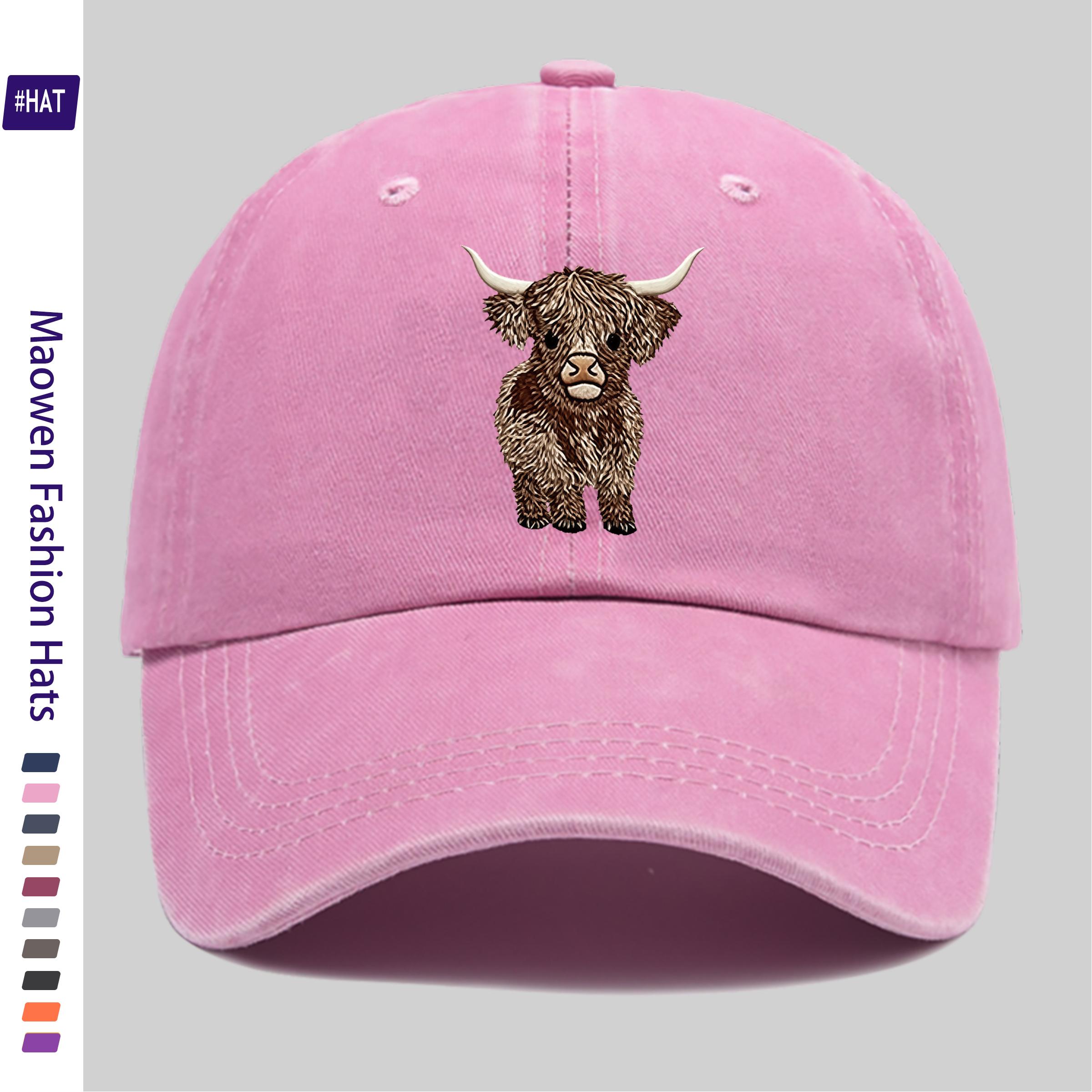 TEMU 1pc Washed With Cute Highland Cow Pattern Print, New Summer Distressed Vintage Baseball , Unisex - Lightweight Outdoor Hat, Travel And Leisure
