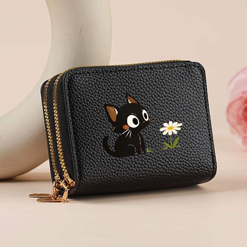 TEMU 1pc Women's Card Holder With Cute Black Cat & Daisy Kitten - Double Zipper Accordion Wallet, Retro Minimalist Compact Case Suitable For Credit