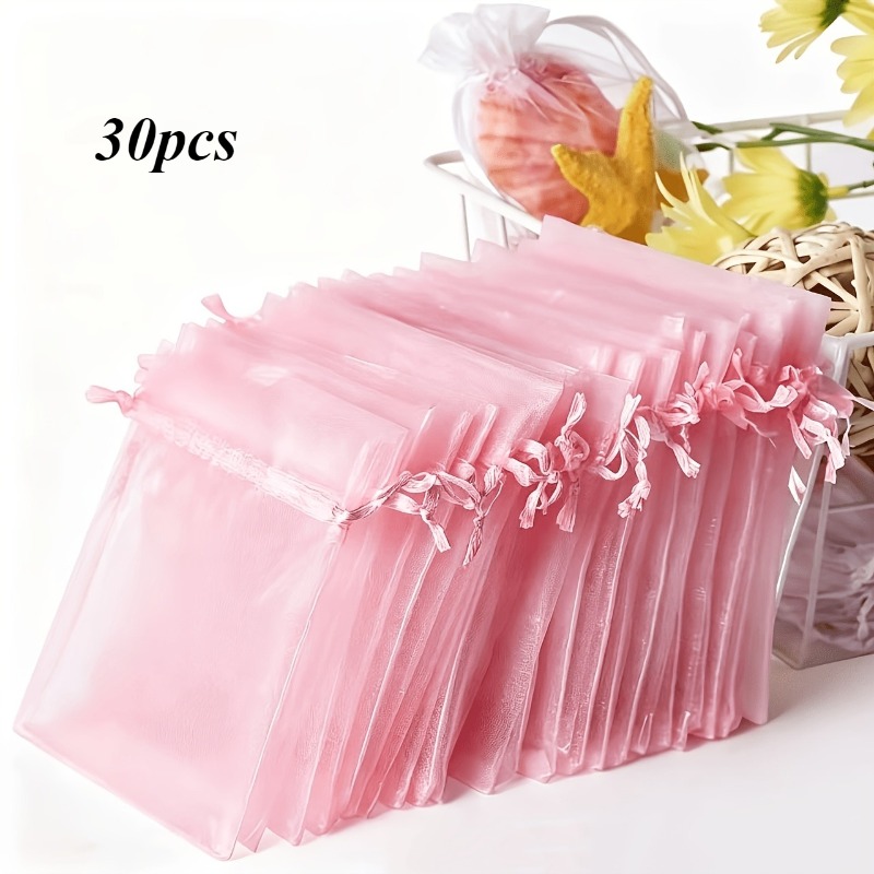TEMU 30 bolsas de organza transparentes, rosa - Adecuadas para recuerdos de boda, regalos de joyería, almacenamiento de artículos - Bolsas con cordón