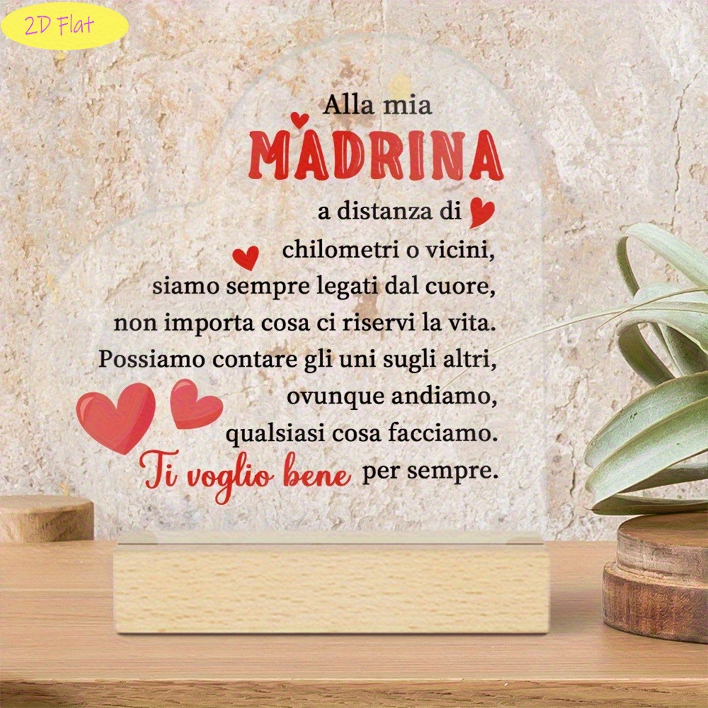 TEMU 2d Flat, 1pc Italian Godmother Souvenir - Heart-shaped Acrylic Plaque With Wooden Base, Elegant Red Font And Italian "alla Mia " Message -