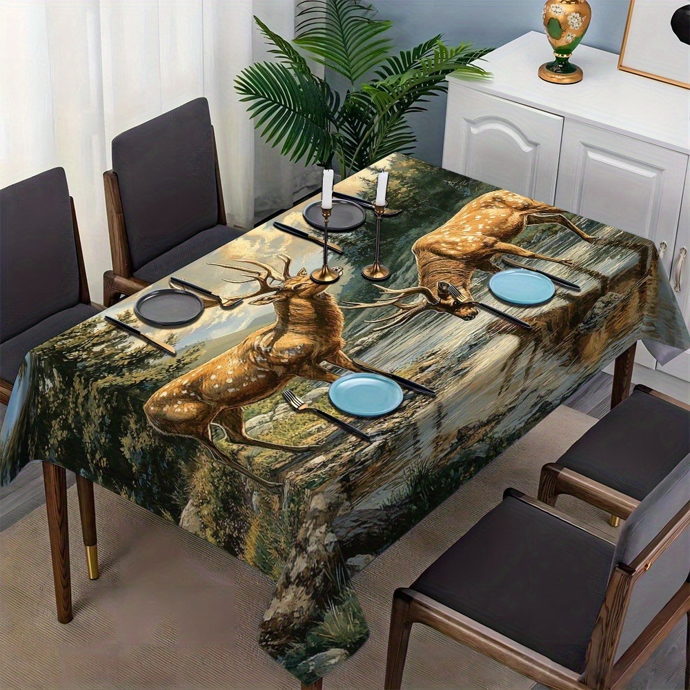 TEMU 1pc Forest Deer Pattern Tablecloth - Machine Washable And Reusable Rectangular Table Cover, Suitable For Outdoor Picnics And Parties Of Sizes -