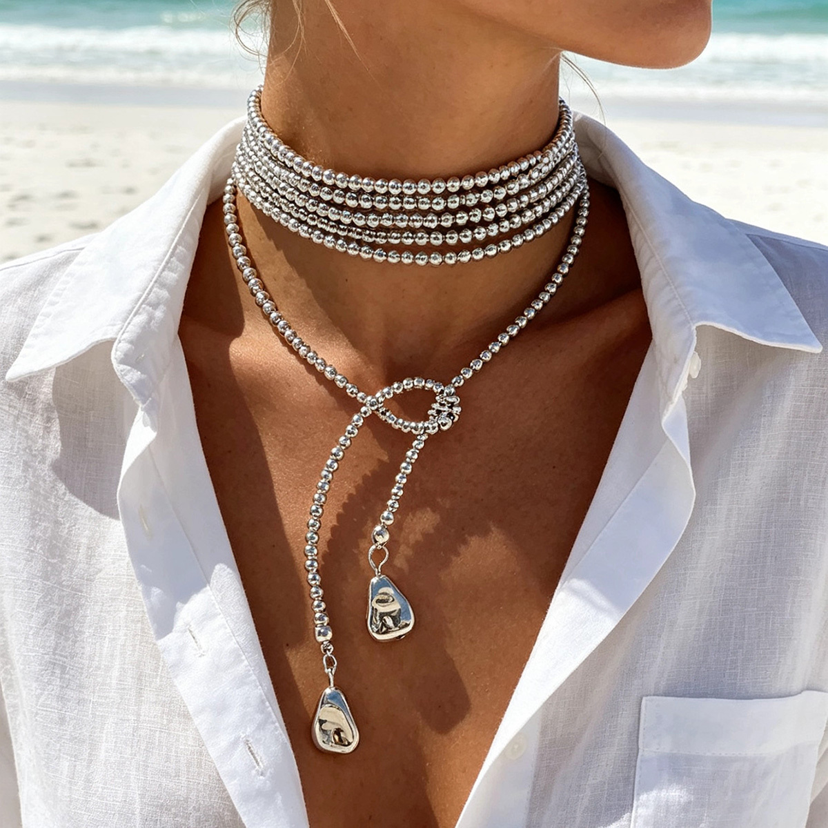 TEMU 1 Unique And Fashionable Round Bead Collarbone Chain Long Shaped Triangular Pendant Necklace Suitable For Women' Matching, Party And Ideal Gift