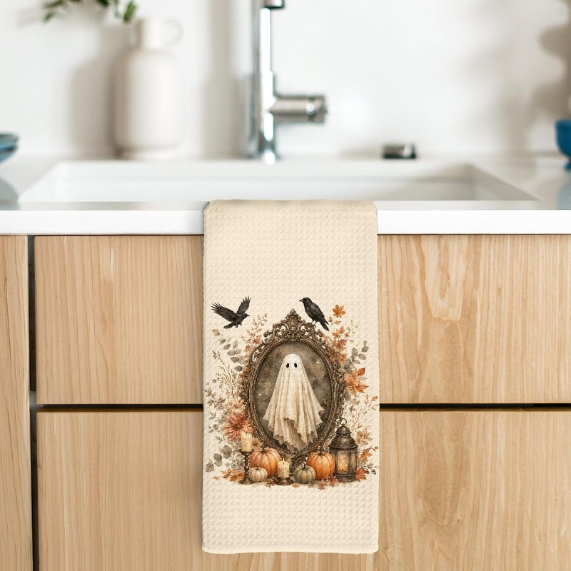 TEMU 1pc Autumn Halloween Pumpkin And Bird Pattern Dish Towel - Vintage Spooky Style, Machine Washable Scouring Pad For Fall Decor, Rustic Tablecloth
