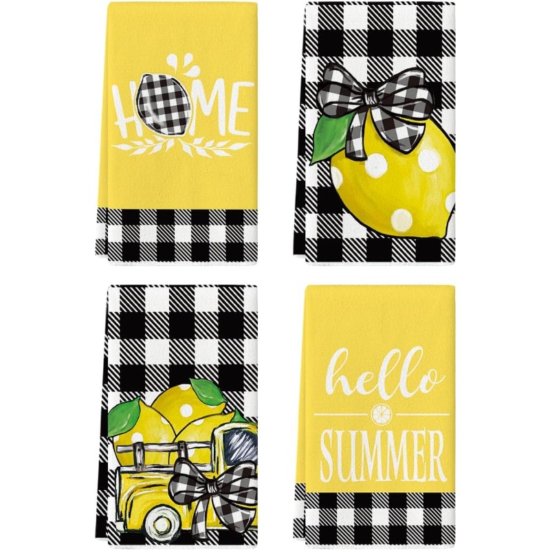 

4-pack Soft Polyester Kitchen Towels, 18x26 Inch, Contemporary Style, Machine Washable, Woven Decorative Towels With Lemon, Home, Truck, Designs For Home Decor And Holiday