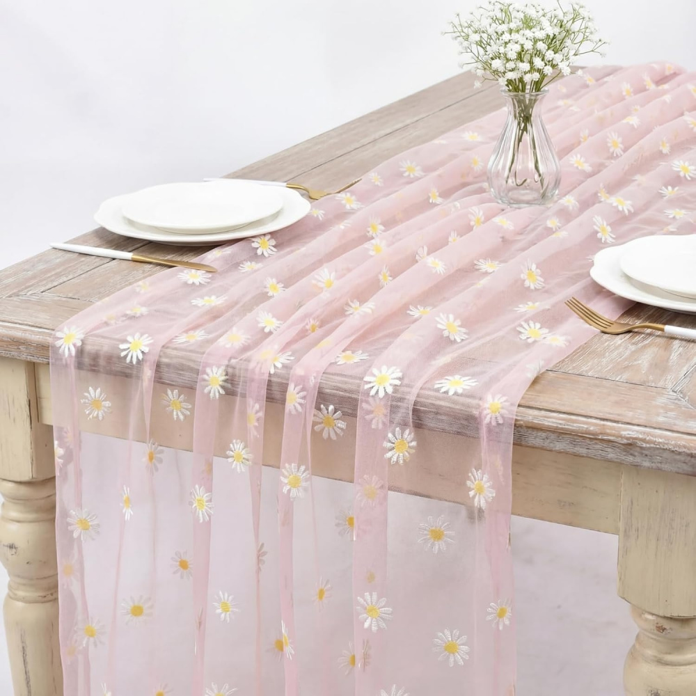 TEMU Chemin de table en tulle marguerite 120 pouces, fleurs saisonnières, gaze transparente, chemin de table marguerite, cuisine, salle à manger,