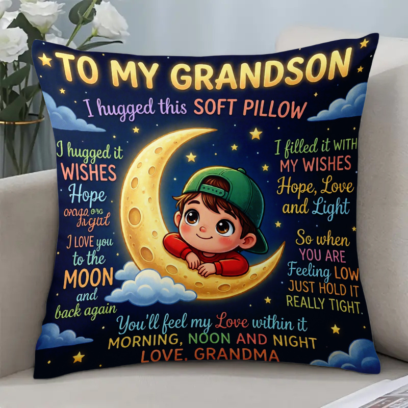 TEMU 2d Flat - 1pc Of A Soft Pillowcase For Grandsons, Measuring 17.7x17.7 Inches, Featuring A Short Plush Hugging Pillow Cover Wishes From Grandma,