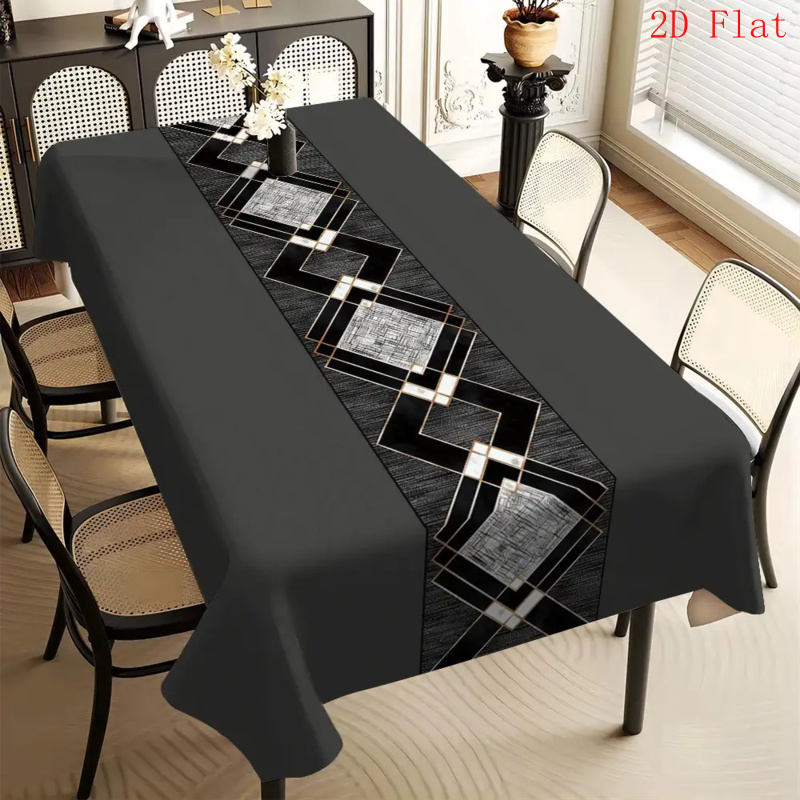 TEMU 1pc 2d Flat Banner Vintage Bohemian Floral Geometric Pattern Tablecloth - Black, White, And Gray Rectangular Dining Table Cover, Suitable For