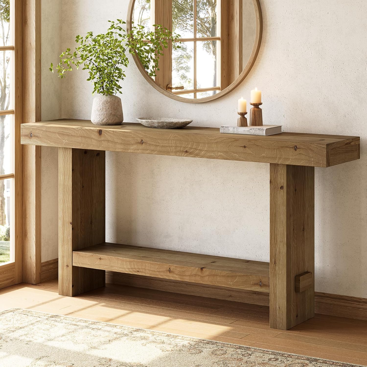 63-inch Solid Wood Console Table, 2-tier Narrow Farmhouse Entryway Table For Hallway, Entrance, Living Room, Behind The Couch, Brown
