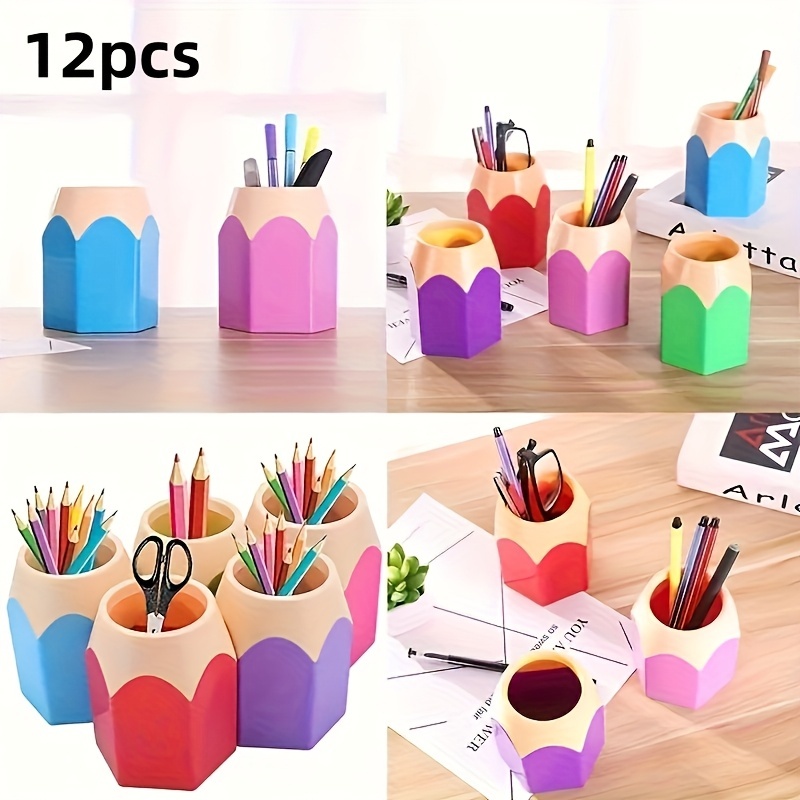 TEMU 12pcs Random Colored Pencil Shaped Desktop Storage Box Set - Convenient Compartment Stationery Organizer, Suitable For Students, Workplaces, And