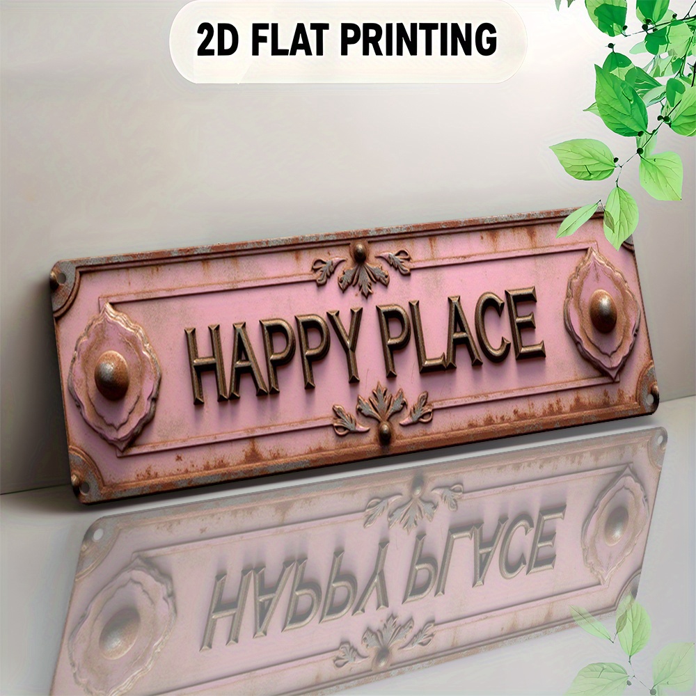 TEMU 2d Flat - 2d Retro Aluminum Wall Decor - A 3.94x15.75 Inch Sign Featuring The Words "happy , " Floral Corner Designs, And A Distressed Pink