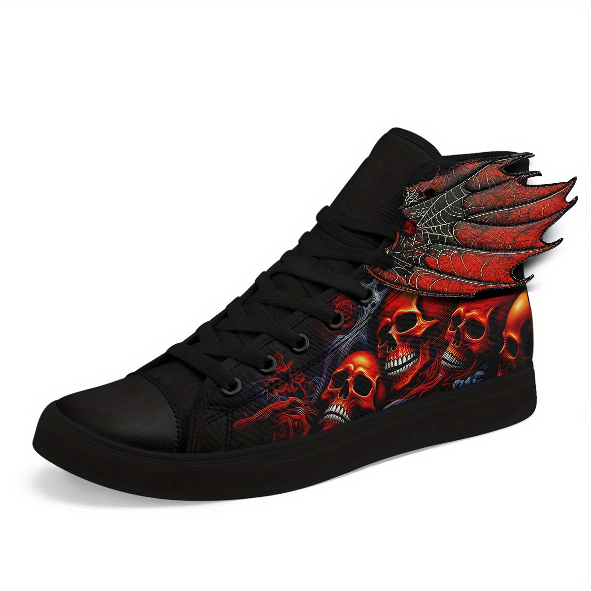 Men's Gothic Skull Wing High-Top Sneakers, 3D Wing Halloween Red Flame Skull Print Design Shoes, Spooky Horror Punk Streetwear Shoes