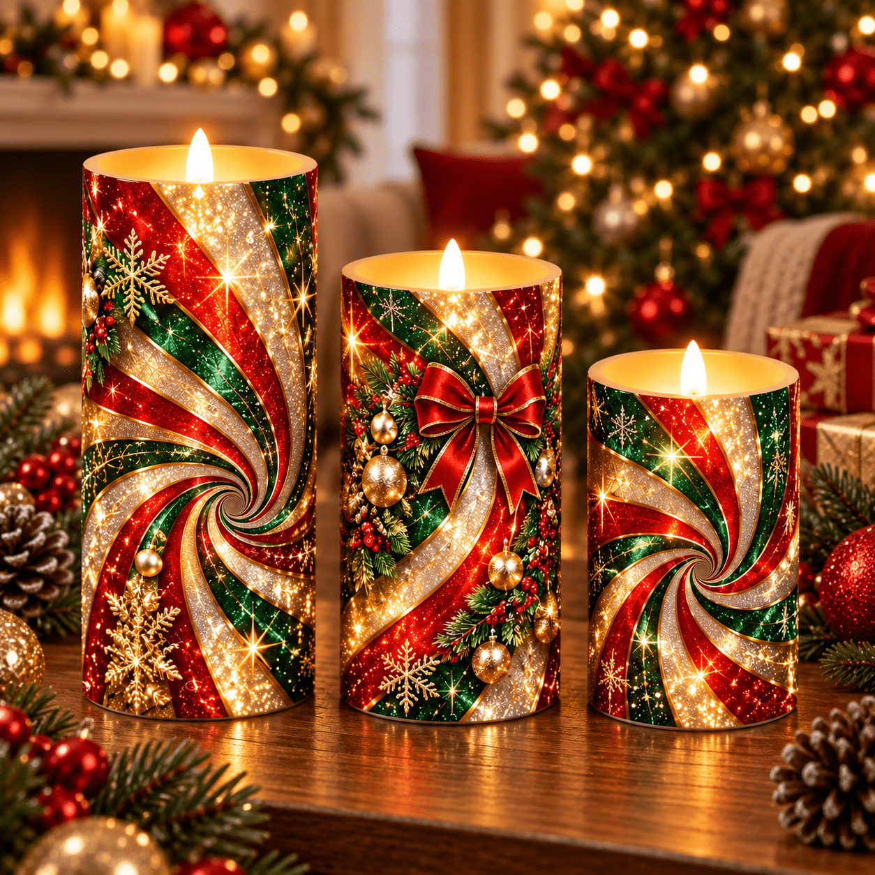 TEMU 3pcs Christmas Flameless Led Candles Red Green Ribbon Snowflake Design Flickering Flame Tabletop Decor For Mantel Living Room Bedroom Dining