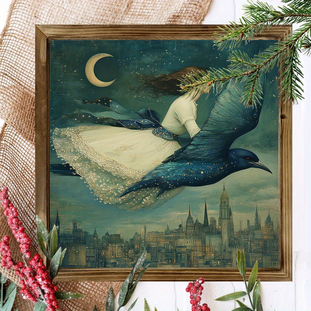 TEMU Art Mural Décoratif Fantaisiste avec Bleue et Fille - Décoration en Bois de Style Rustique avec Paysage , Parfait pour Salon, Chambre ou Bureau,