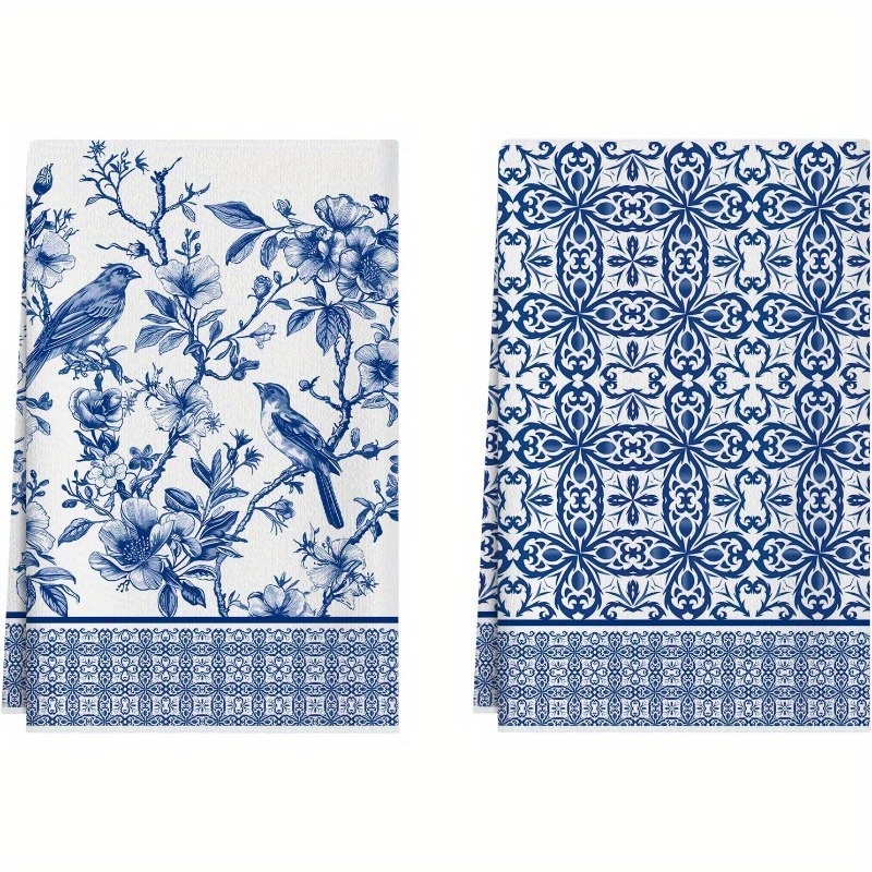 2pcs Blue And White Porcelain Towels - Floral & Bird , Polyester, 18x26 Inch Dish Towels & Hand Towels For Spring Summer Home Decor, Machine Washable, Dish Towels For Kitchen, Porcelaininspired Design