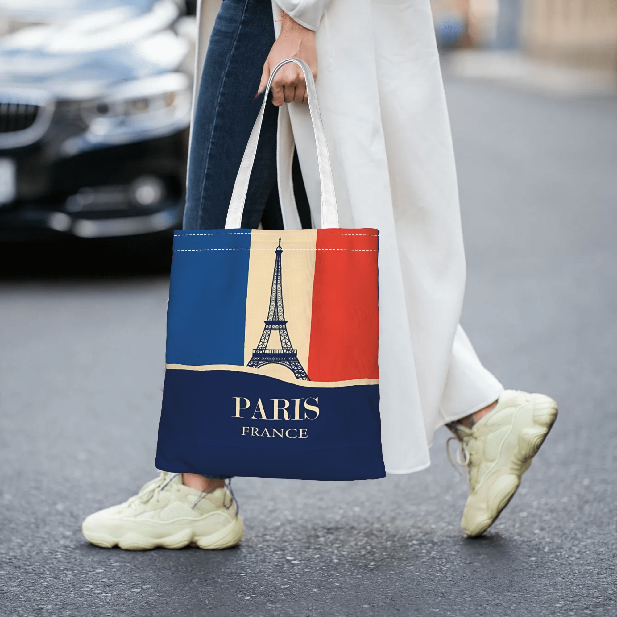 TEMU 1 sac fourre-tout 2D à impression plate pour femmes, thème Paris France - Tour Eiffel et drapeau français, design rayé, durable avec bretelles