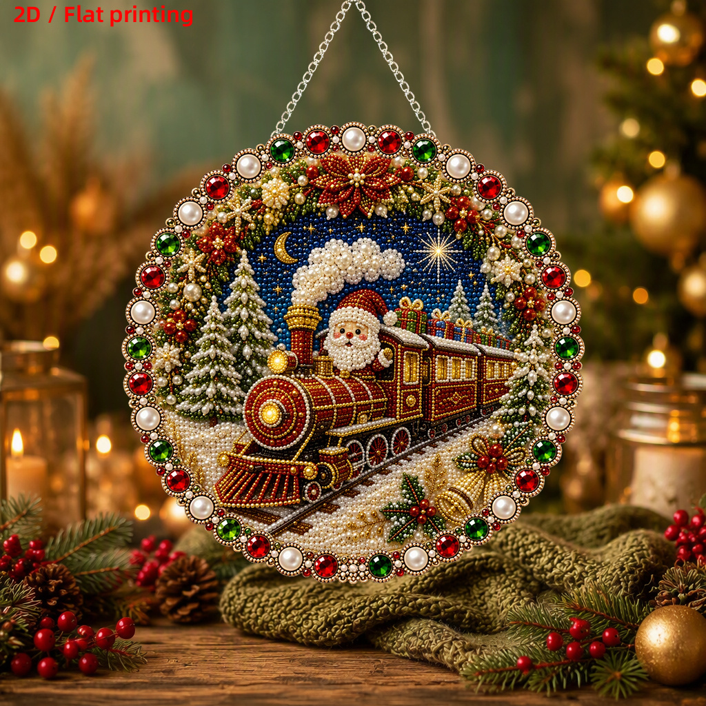 TEMU 2d Flat - 2d/flat Printing New Acrylic Pearl Drill Pendant Kit Featuring Santa Claus And Christmas Train Design, Sunlight Catching, Includes