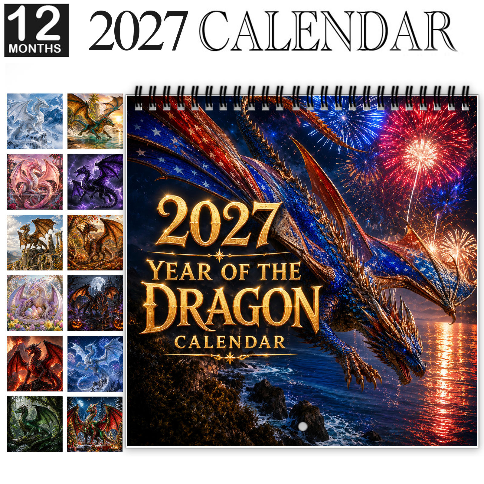 TEMU 1pc 2027 Dragon Wall Calendar, Spiral-bound 12-month Monthly Planner With Thick Glossy Paper, Displays Dragons In Festive, Luminous And Vibrant