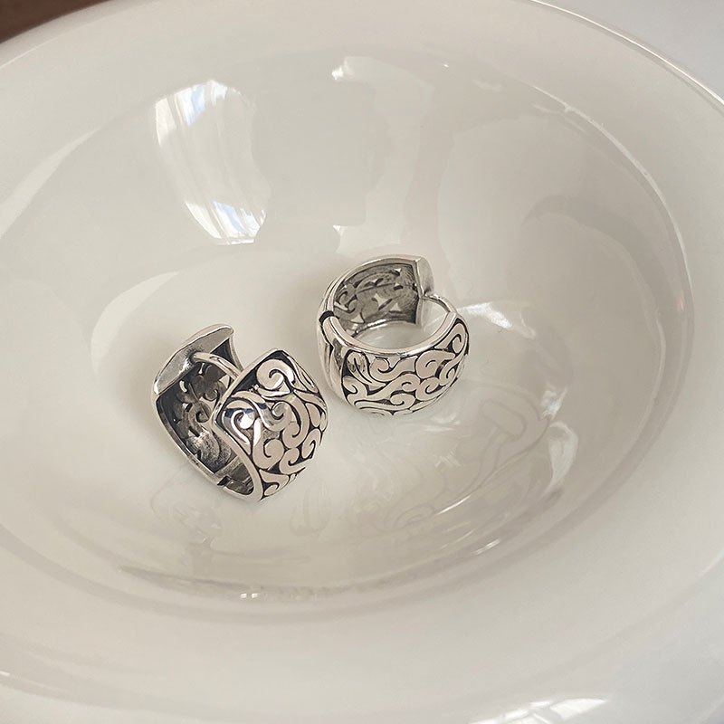 S925 Sterling Silver Chinese Style Retro Old Thai Silvery Arabesque Earrings | Suitable For Daily Party Wear Or Gift On Valentine's Day, Vintage Easy Style By Tvxk