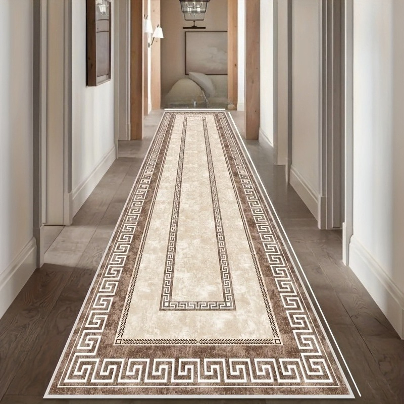 TEMU 1pc, Classic European Rectangular Floor Mat, Fleece Material, Printed With Greek Key And Rectangular Patterns, Machine Washable, Suitable For
