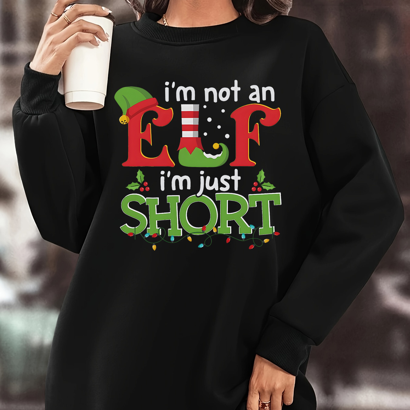 

1pc Women's Christmas Elf Fleece Dress - Polyester Knit Fabric, Crew Neck, Loose Fit, Long Sleeve, Knee-length Sweatshirt For Fall/winter