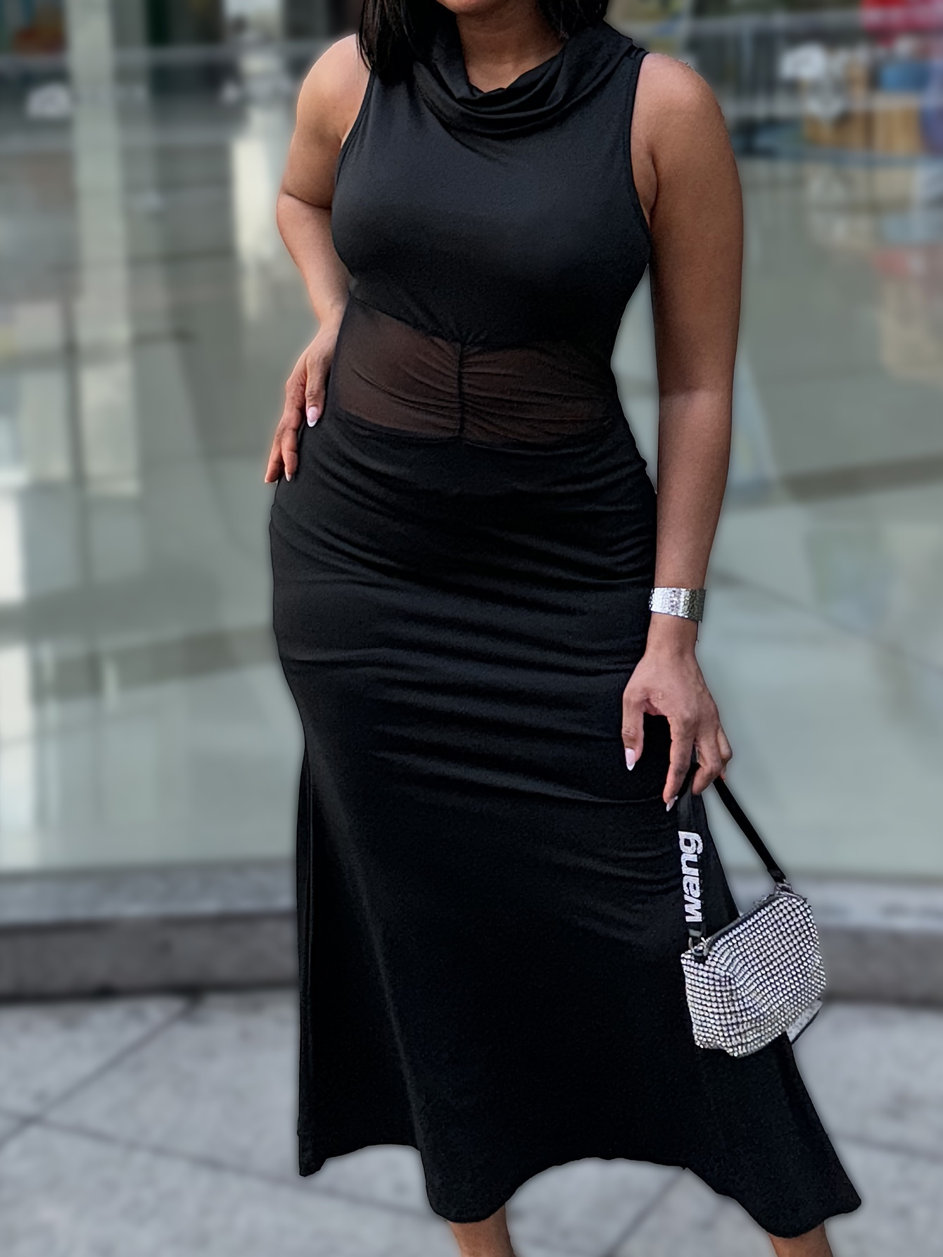 knee length dresses for ladies Teresa Black Sequin High Neck Mesh Hem Maxi Dress – Get That Trend main image 1