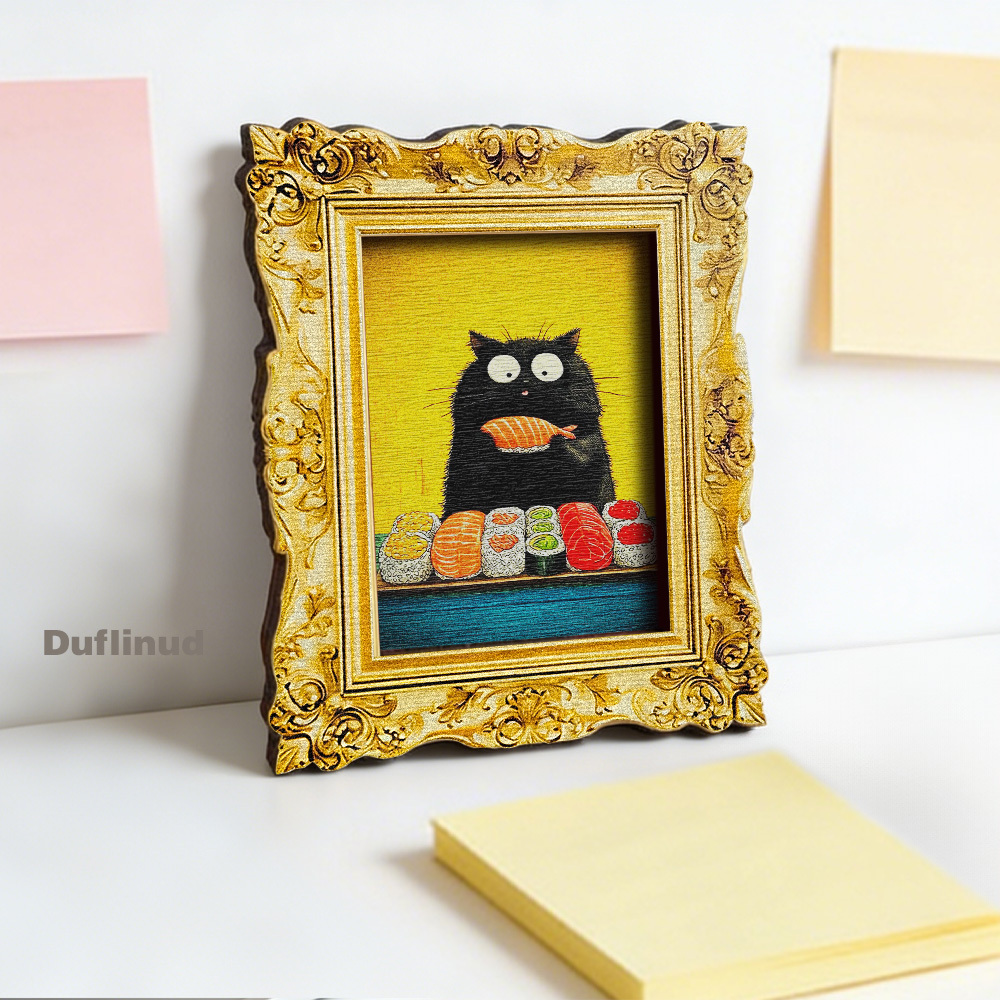 TEMU 1pc Duflinud -themed Wood Fridge Magnet - Cute Black Cat Holding Sushi Suitable Decor, Mini Decoration With Back Magnet For Fridge Door,