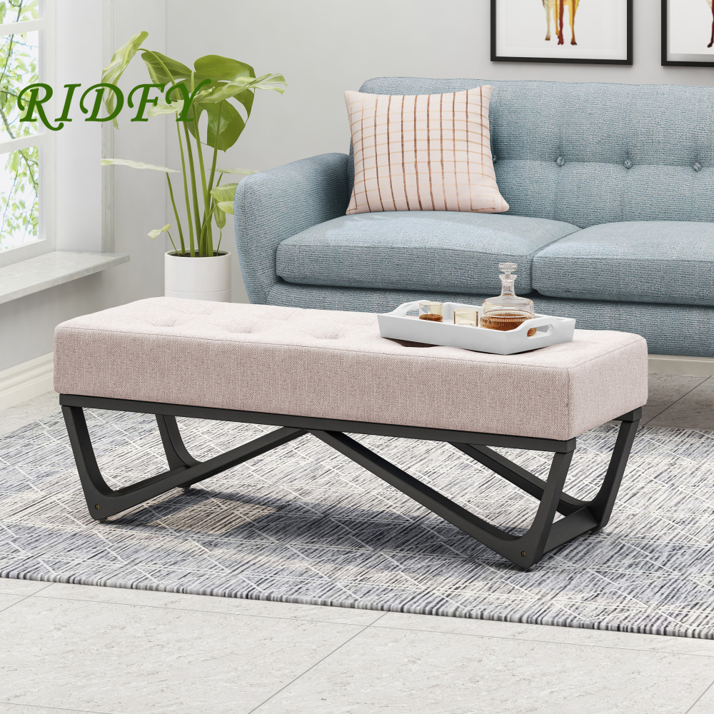 Modern Navy Blue Rectangular Ottoman with Black Geometric Legs and 100% Polyester Upholstery, Home Decor, Lounge Accessory, Stylish Furniture, Contemporary Design,   Fabric, Durable Upholstery, Versatile Footrest, Accent Ottoman