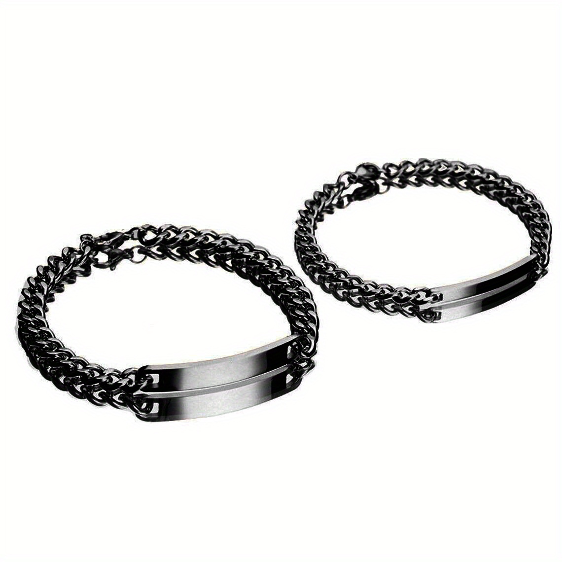 TEMU Personalized Stainless Steel Couple Bracelets Set - Custom Engraved Name Plate Chain Link Adjustable Matching His And Hers Id With Heart Charm