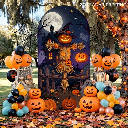 Artikelbild . Halloween Bogenbogen Elastischer Hintergrund Schreckgestalt Kürbis Laterne Vollständiges erhaus Grabstein Totenbaum Halloween Banner für Halloween Party Dekoration, Indoor/Outdoor Hintergrund