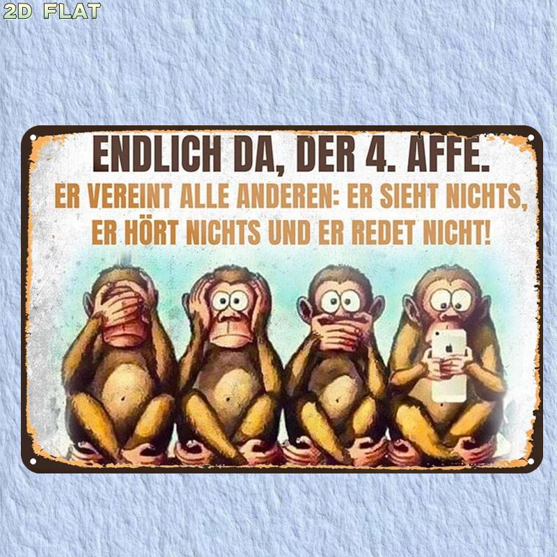 Image of 2d Flat, 2d Flat, 1pc, Vintage 4 Monkeys Wise Saying Metal Sign, Ideal For Indoor, Garden, Outdoor, And Restroom Decor, 8x12 Inch