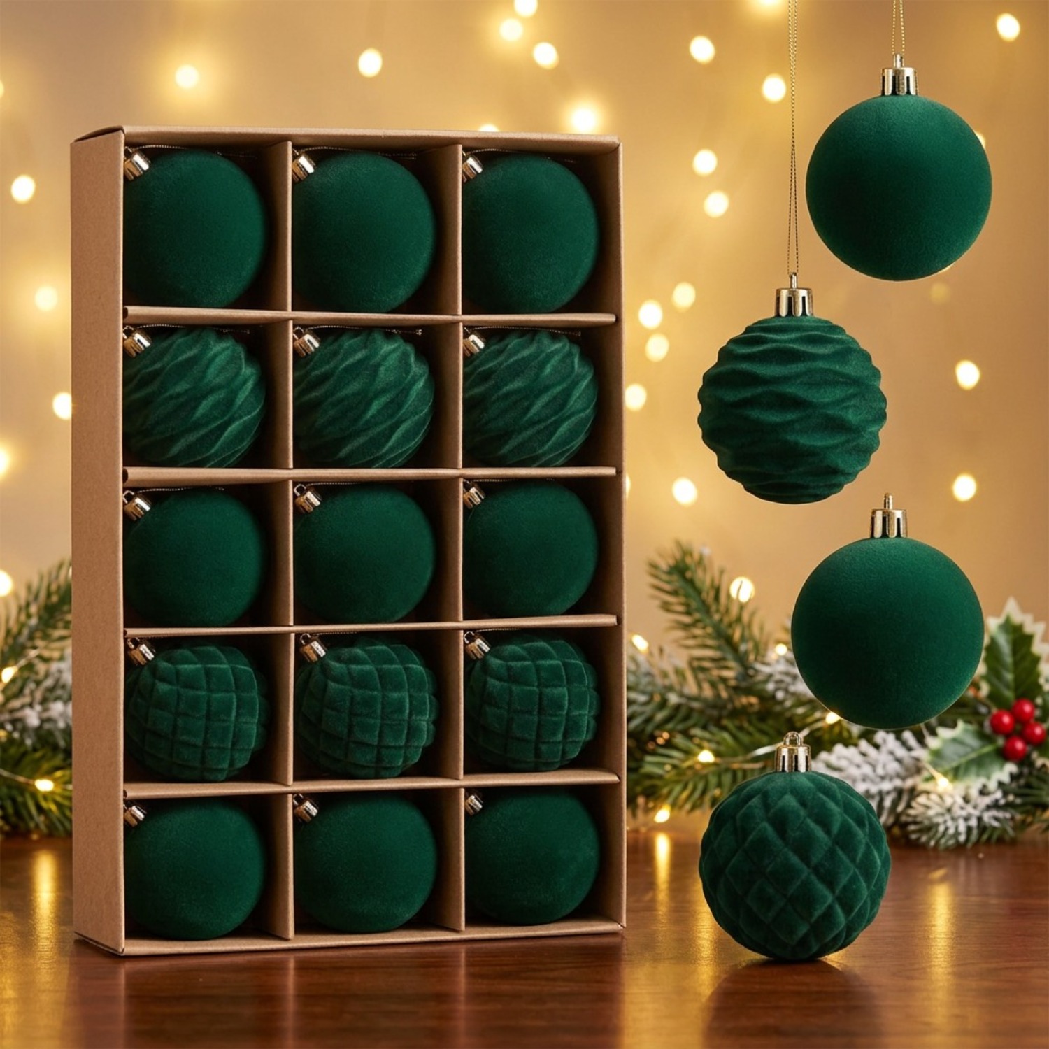 TEMU 15pcs Dark Green Velvet Christmas Ornaments, Luxury Flocked Christmas Balls With Elegant Textured Design, Shatterproof Hanging Baubles, Premium