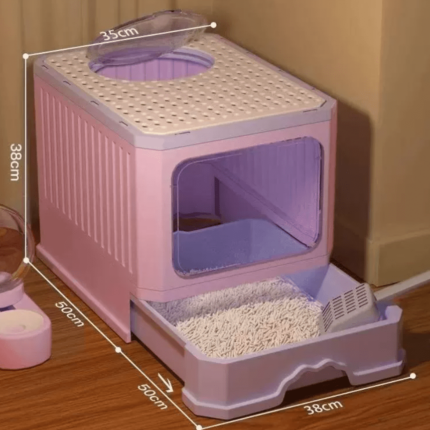 19 69  15 75  15 75in     thickened fully enclosed top loading litter box ultra large capacity foldable drawer design built in   deodorizing and odor proof structure   prevents litter spillage Product details 2