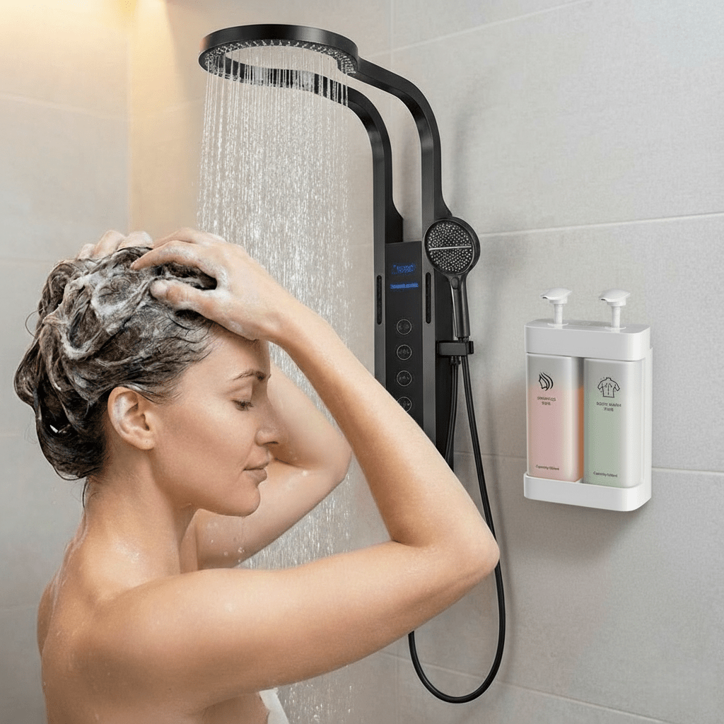 TEMU Wall-mounted Shampoo & Conditioner Dispenser Suitable For Bathroom & Hotel Use - No Drill Installation, Multi-chamber Refillable Shower System