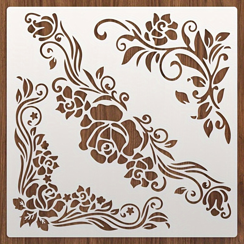 TEMU 1pc Of Large Vintage Floral Corner Stencil, 10-inch Reusable Rose And Vine Pattern, Suitable For Wood, Canvas, Walls, Furniture Painting, And