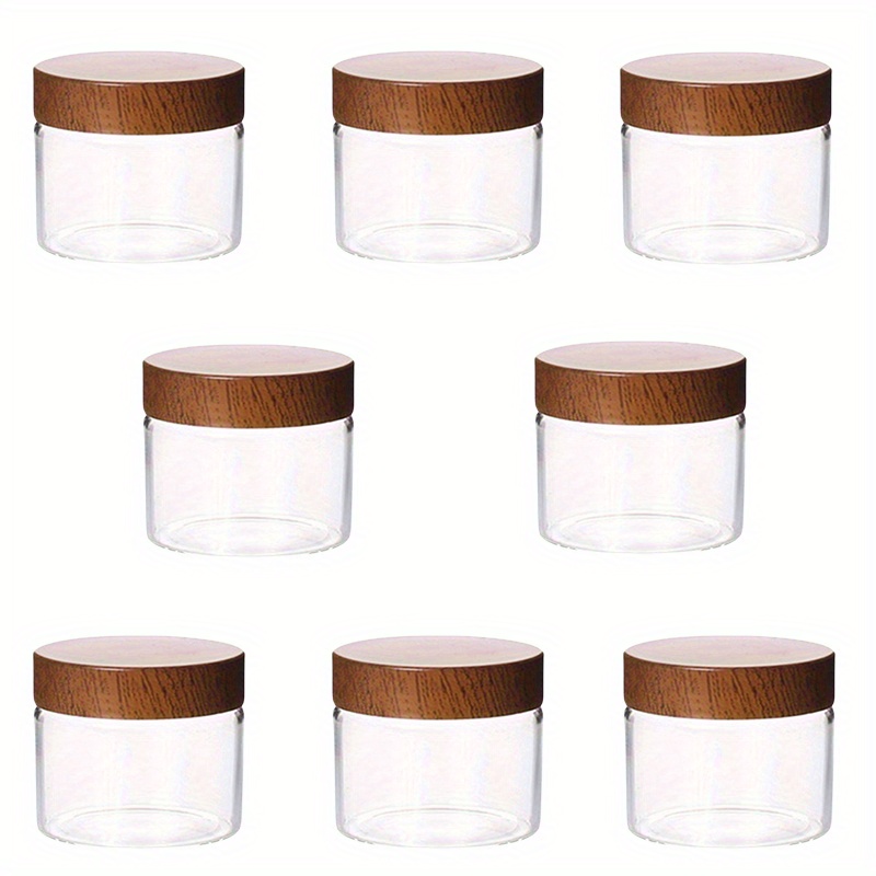 TEMU 8pcs Glass Jars With Lids Clear Small Jars With Plastic Woodgrain Lids, Empty Round Cosmetic Containers For Creams Lotions Ointments Candle Making