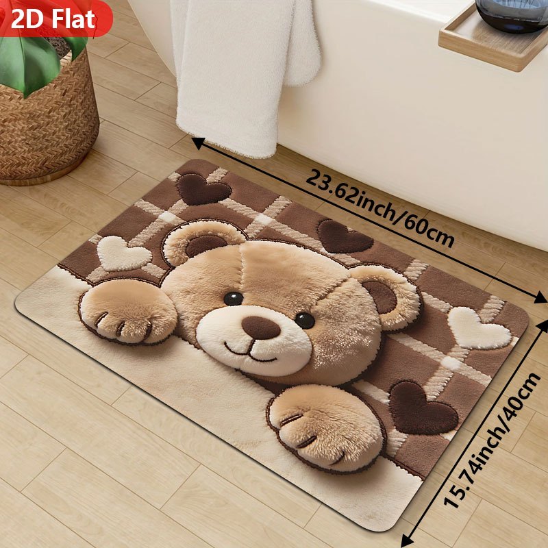 TEMU 2d Flat, A 2d Flat Cute Little Bear Door Mat Anti Slip Bathroom Floor Mat, Absorbent Machine Washable Flannel Carpet, Suitable For Bedrooms,