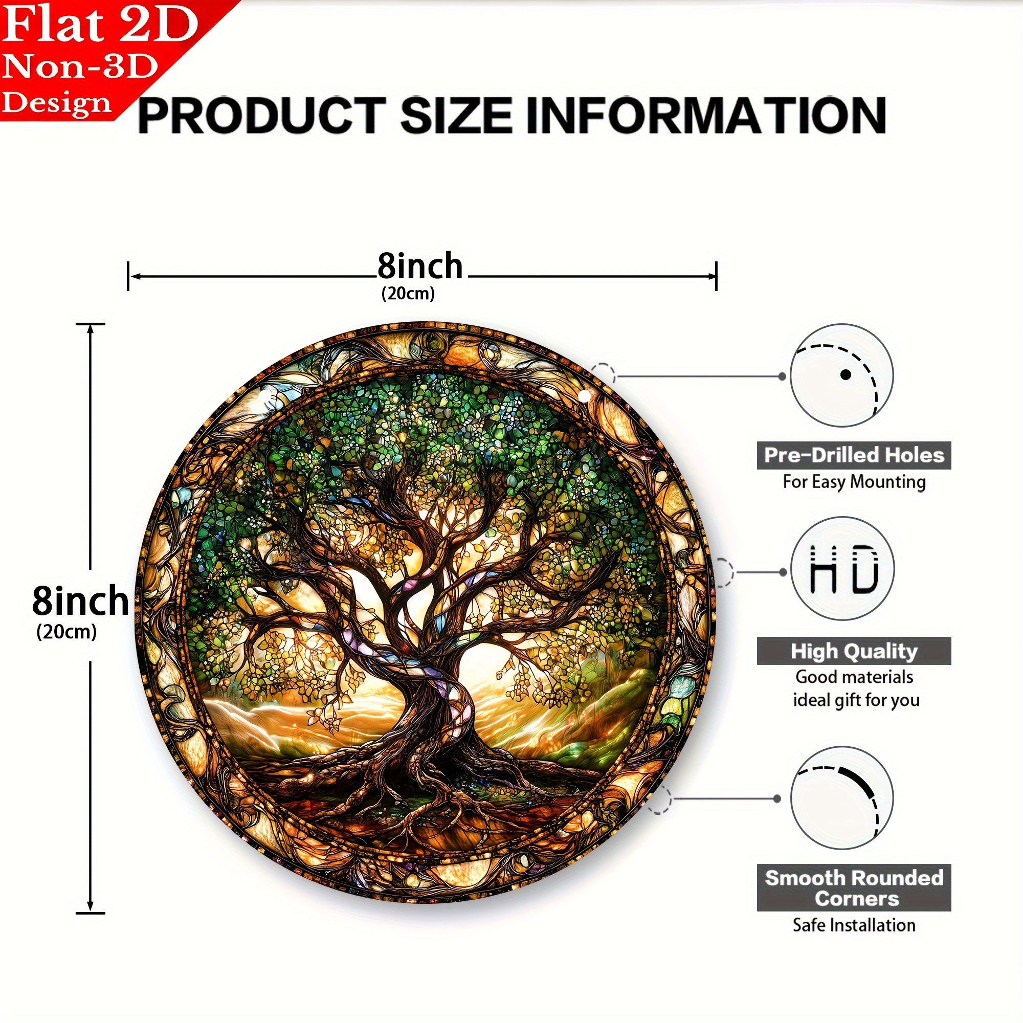 TEMU 2d Flat, 2d Flat-[2d Flat] 1pc, Tree Of Life Decoration, Plant Decor, 2d Sun (8x8) Wall Decoration, Indoor And Outdoor Art Wall Decoration,