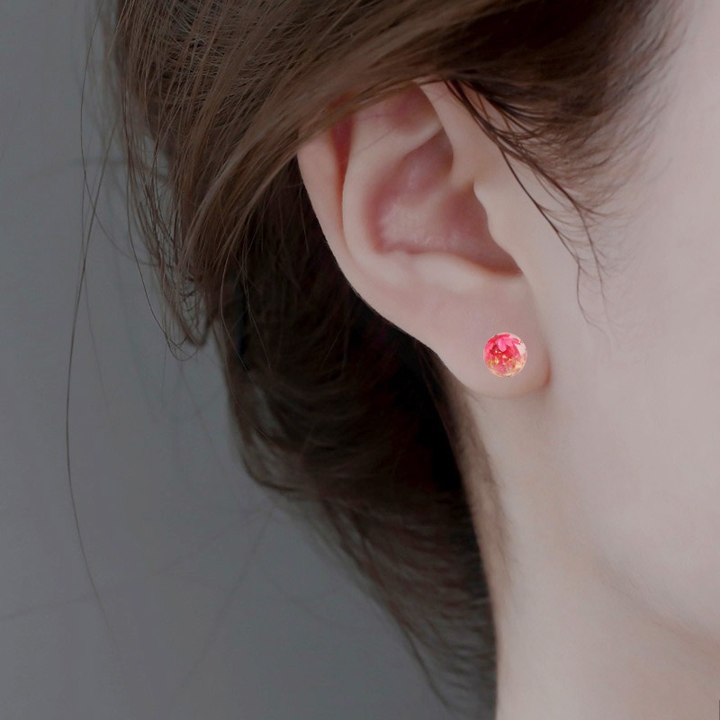 Resin Glass Ball Stud Earrings Multicolor Dried Flowers Hypoallergenic Posts