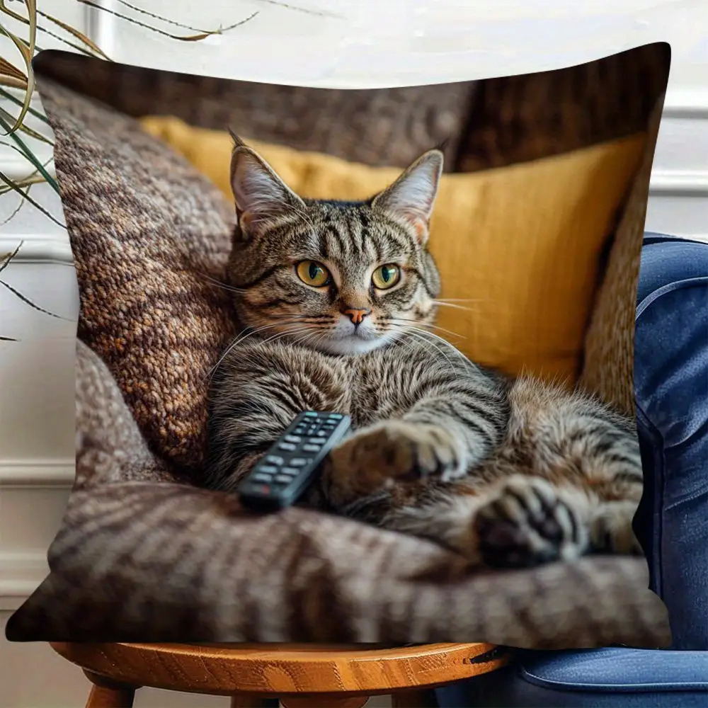 double sided 1pc modern hypoallergenic pillowcase cute fat cat and remote control pattern single sided print zipper closure machine washable suitable for comfortable bedroom and living room decoration fun pattern soft fabric print cushion   Product details 3
