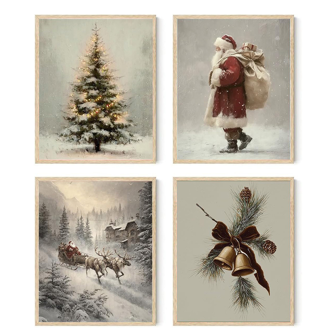 TEMU 2d Flat, 2d Flat, Collection Of 4 8x10 Inch Vintage Christmas Wall Art Prints Featuring Unframed Images Of Santa Claus, A Tree, And A Bell In A