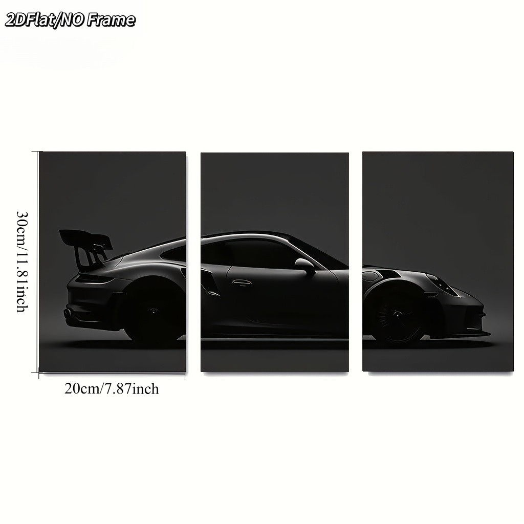 TEMU 2d Flat, 2d Flat, 2d Flat Frameless 3pcs Modern Black Sports Car Theme, Art Gift Suitable For Living Room, Office, And Bar, Birthday, Holiday,