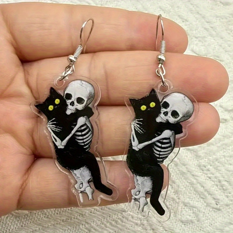 TEMU Women' Gothic Cat Skull Earrings - Hugging Black Cat Dangle Earrings With K Plating & Acrylic Suitable For Halloween, Goth Parties, Wear, Dark