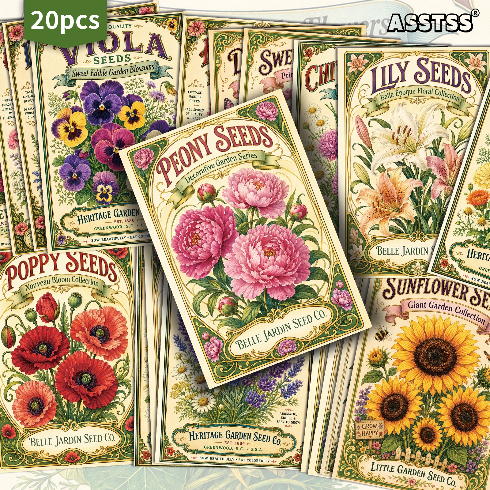 TEMU Lot de 20 cartes postales ASSTSS avec graines de fleurs vintage - 4x6 pouces, fournitures rétro pour , illustrations classiques, cartes de