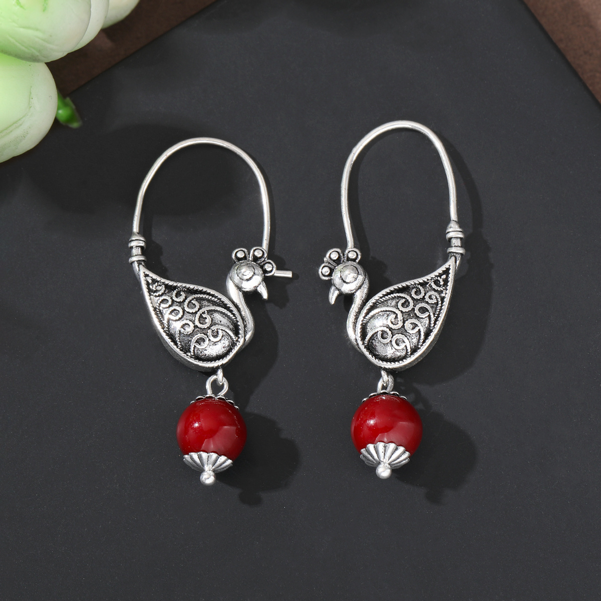 TEMU Vintage Distressed Ethnic Scrollwork Red Bead Pendant Women's Earrings, Ideal For Vacation Casual Wear And Birthday Gifts, Women's Accessories