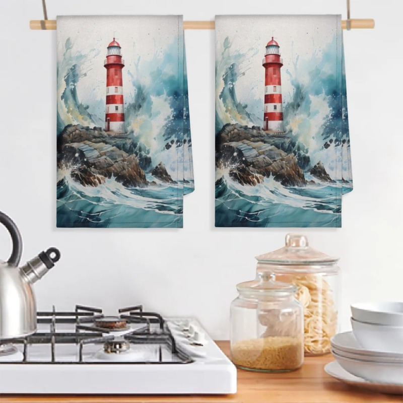 

2-pack Coastal Lighthouse Kitchen Towels, 18x26 Inch, Super Polyester, Machine Washable, Contemporary Style, Multipurpose For Home & Restaurant Use