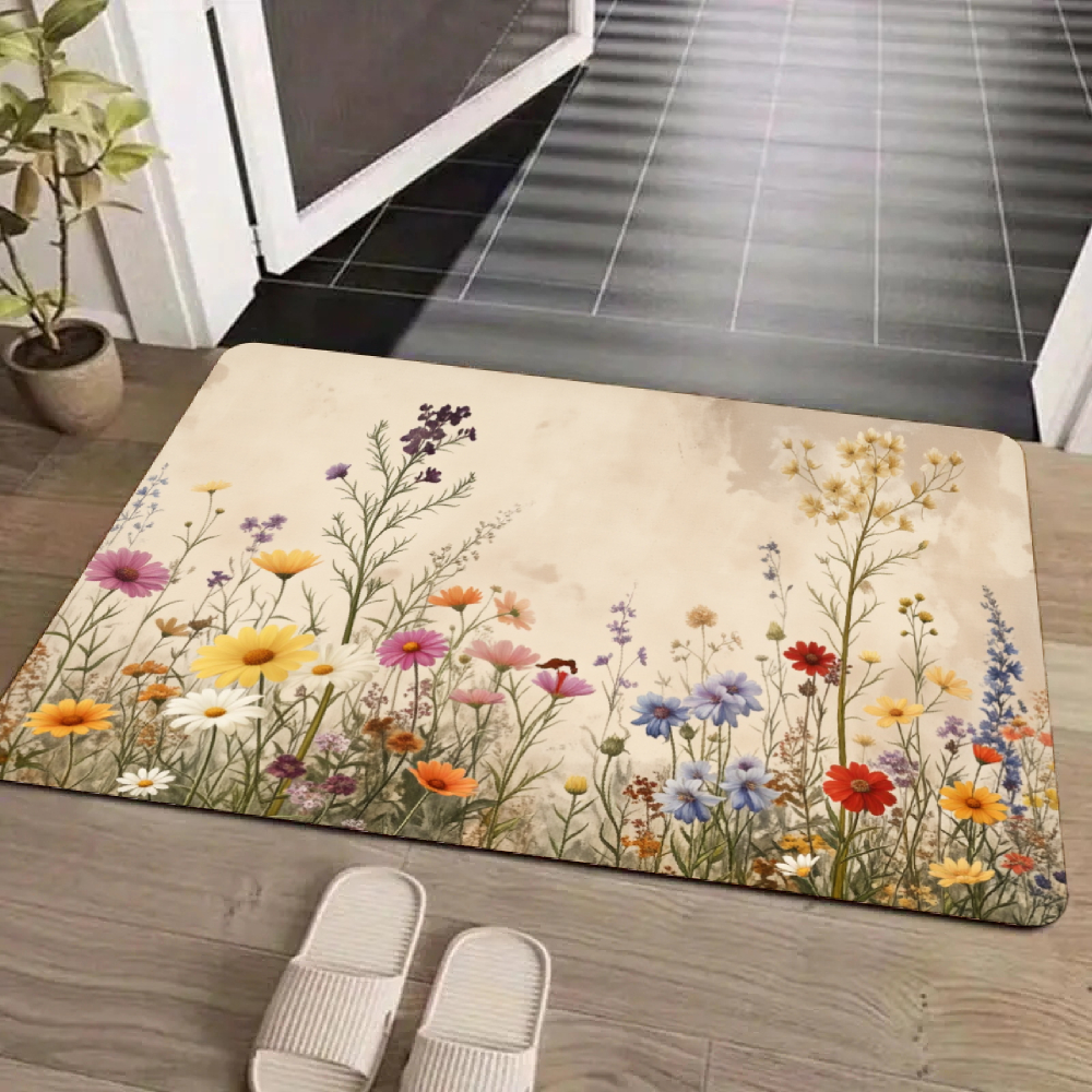 TEMU 1pc, Floral Pattern Printed Floor Mat, Machine Washable Floor Mat, Soft Flannel Material, Suitable For Entrance, Bathroom, Living Room, Bedroom,
