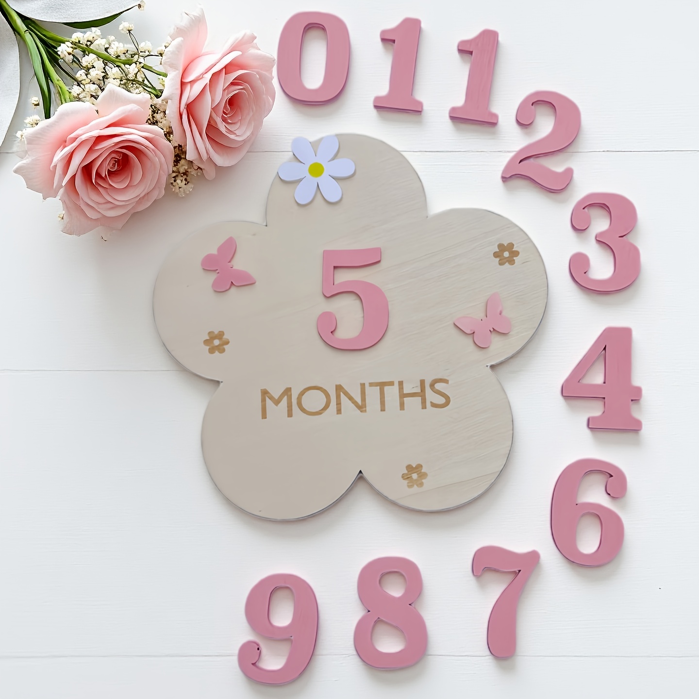 E-shop 2D Flaches Holzblumen Monatsbanner Holz Erinnerungskarten Set, Holz Geburtsmarker, Fotografie Karte, 1 bis 1 Jahr Wachstumskarte,