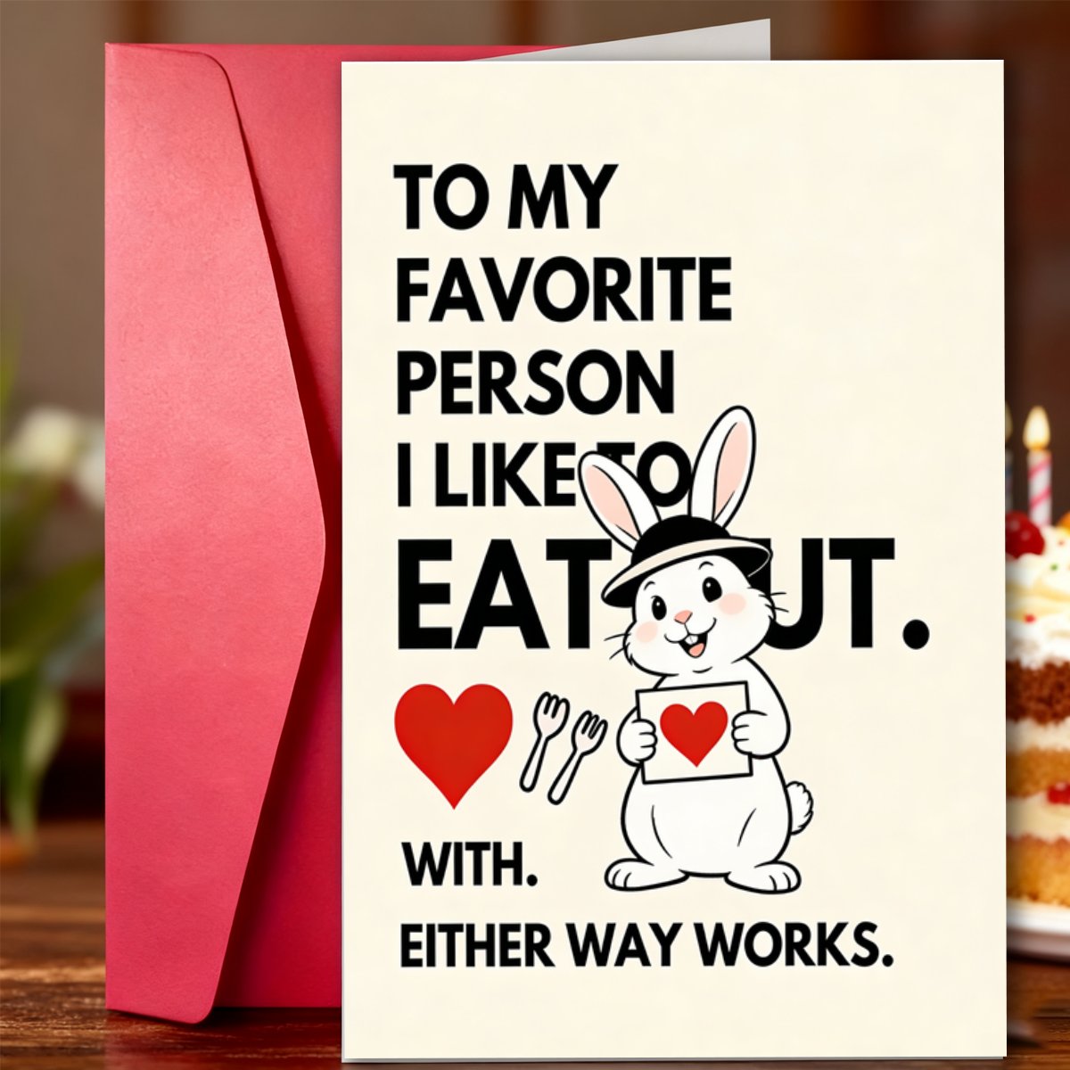TEMU 1 carte amusante : Carte de vœux à avec motif de lapin de dessin animé et de cœur - Carte humoristique pour les amateurs de nourriture et de